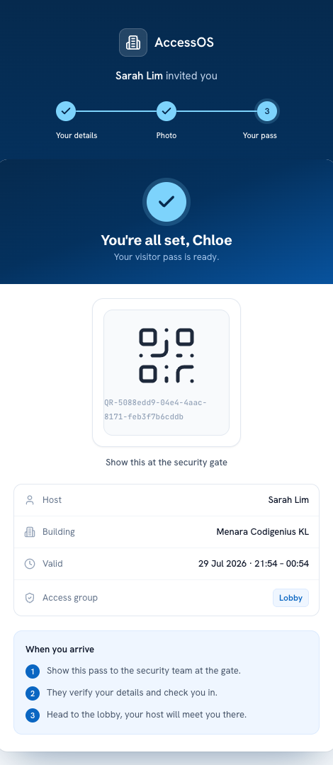 AccessOS visitor QR pass on mobile — pre-registered visitor's building access token