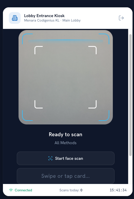 AccessOS lobby kiosk — tablet UI with QR scan viewfinder, face scan, and card scan modes