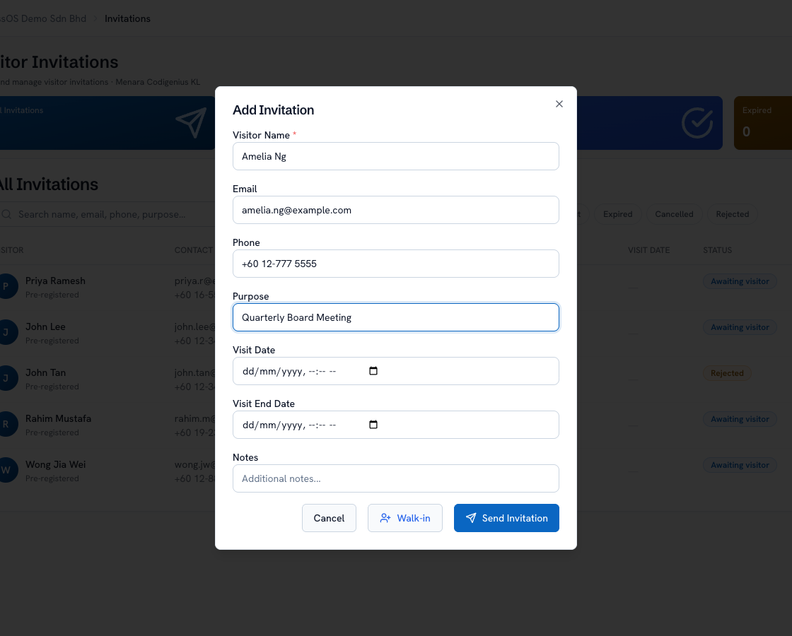 AccessOS Add Invitation dialog filled with visitor details — name, email, phone, purpose, visit dates, host, and access group